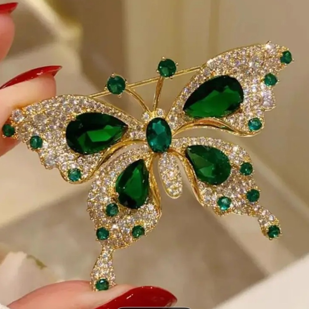 Emerald Green Butterfly Rhinestone Brooch, Lapel Pin